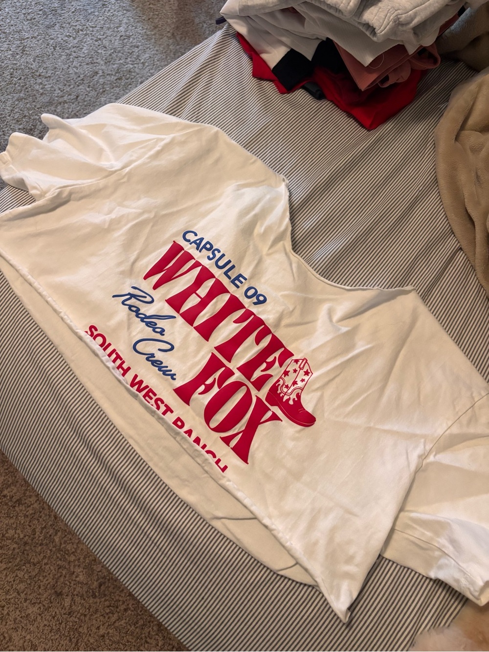 White Fox Boutique White Crop Tee with Red & Blue Graphic - Capsule 09